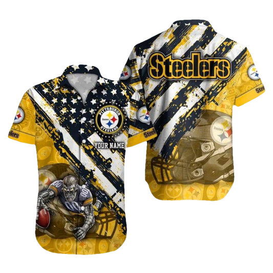 Pittsburgh Steelers American Flag And Mascot Hawaiian Shirt - Moonbestprint