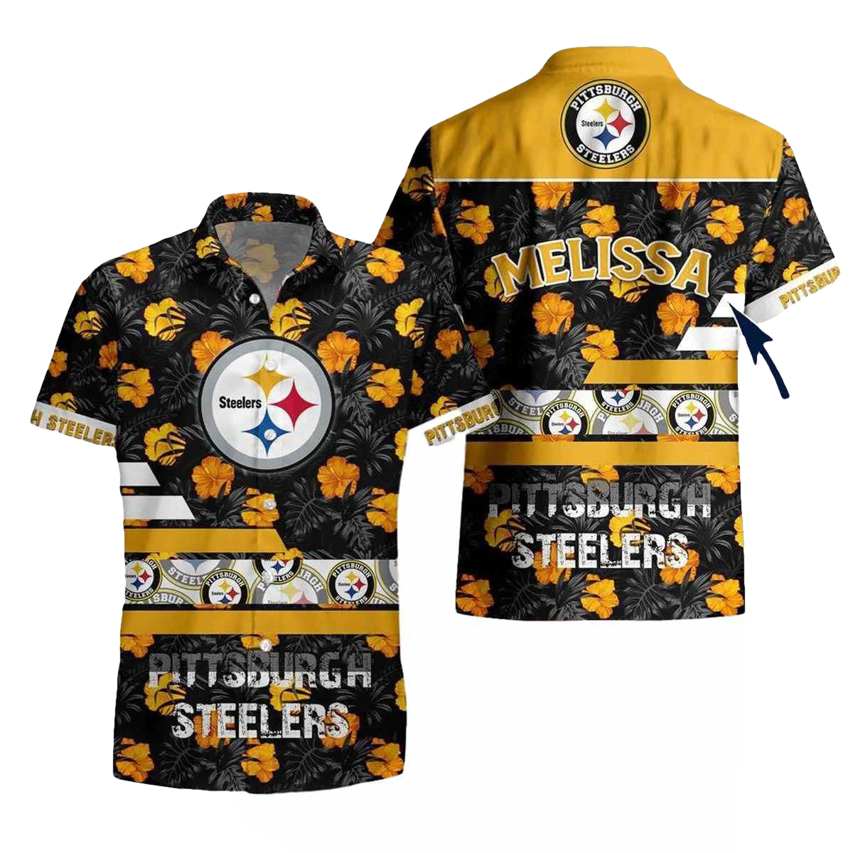 Personalized Pittsburgh Steelers Yellow Hibiscus Floral Pattern Hawaiian Shirt - Moonbestprint