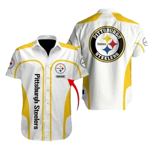 Personalized Pittsburgh Steelers White And Gold Stripe Hawaiian Shirt - Moonbestprint