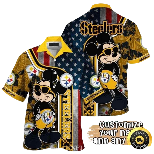 Personalized Pittsburgh Steelers Us Flag And Mickey Fanfare Black And Gold Hawaiian Shirt - Moonbestprint