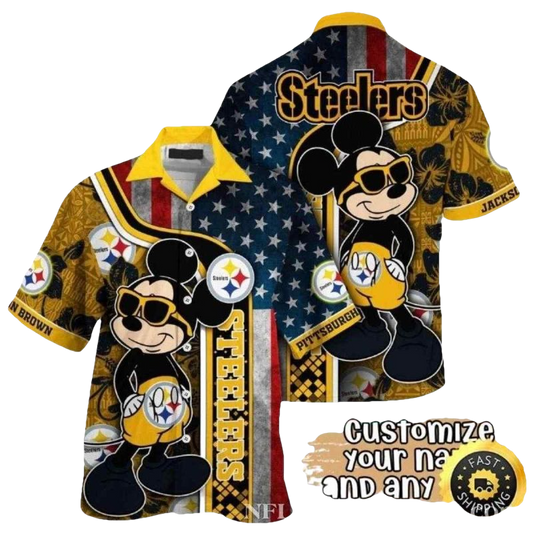 Personalized Pittsburgh Steelers Us Flag And Mickey Fanfare Black And Gold Hawaiian Shirt - Moonbestprint