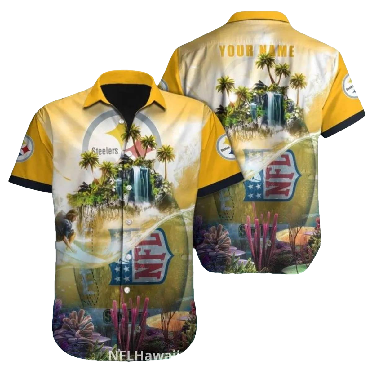 Personalized Pittsburgh Steelers Tropical Island Waterfall Hawaiian Shirt - Moonbestprint