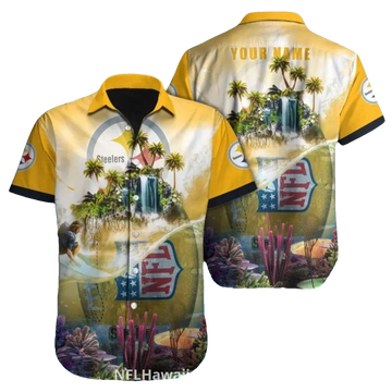 Personalized Pittsburgh Steelers Tropical Island Waterfall Hawaiian Shirt - Moonbestprint