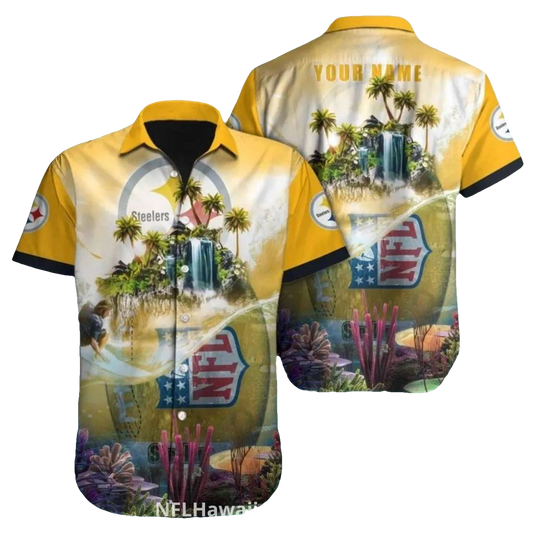 Personalized Pittsburgh Steelers Tropical Island Waterfall Hawaiian Shirt - Moonbestprint