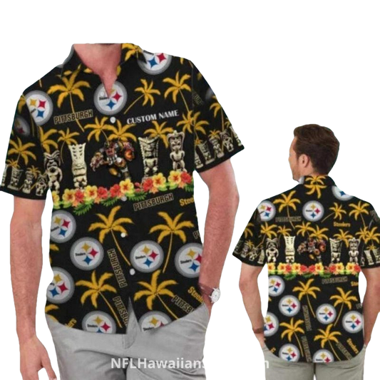 Personalized Pittsburgh Steelers Tiki Totem Palm Tree Hawaiian Shirt - Moonbestprint