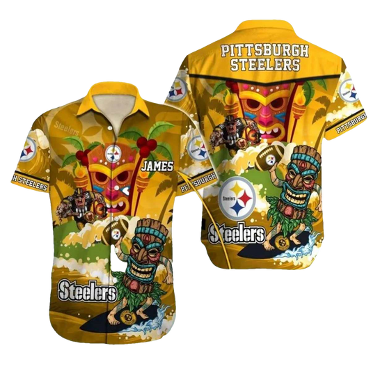 Personalized Pittsburgh Steelers Tiki Mask And Tropical Design Hawaiian Shirt - Moonbestprint