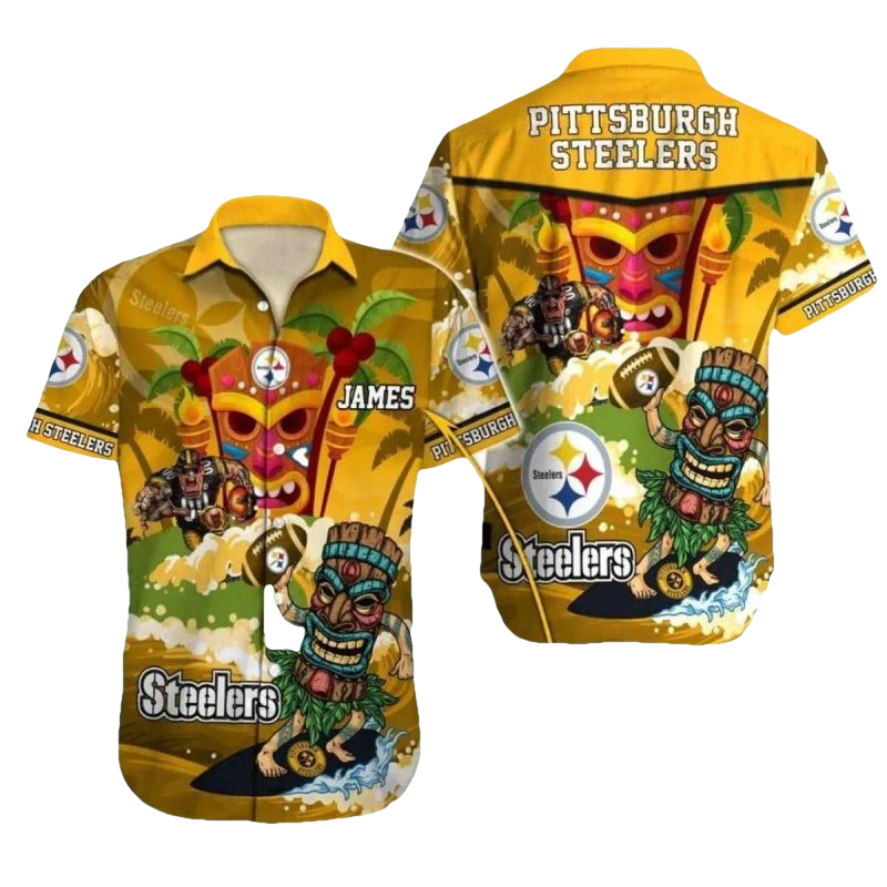 Personalized Pittsburgh Steelers Tiki Mask And Tropical Design Hawaiian Shirt - Moonbestprint