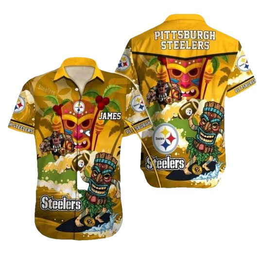 Personalized Pittsburgh Steelers Tiki Mask And Tropical Design Hawaiian Shirt - Moonbestprint