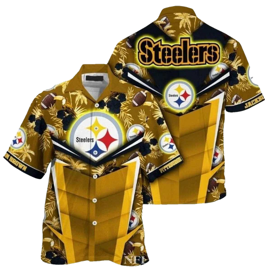 Personalized Pittsburgh Steelers Tiki Hut Palm Shadow Hawaiian Shirt - Moonbestprint