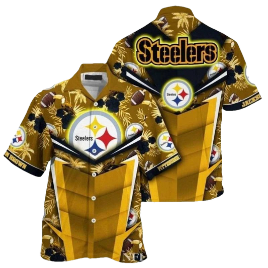 Personalized Pittsburgh Steelers Tiki Hut Palm Shadow Hawaiian Shirt - Moonbestprint