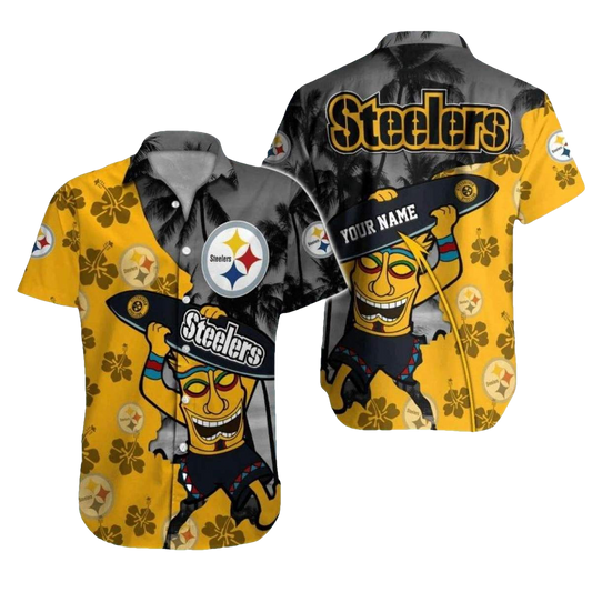Personalized Pittsburgh Steelers Surf And Tiki Style Hawaiian Shirt - Moonbestprint