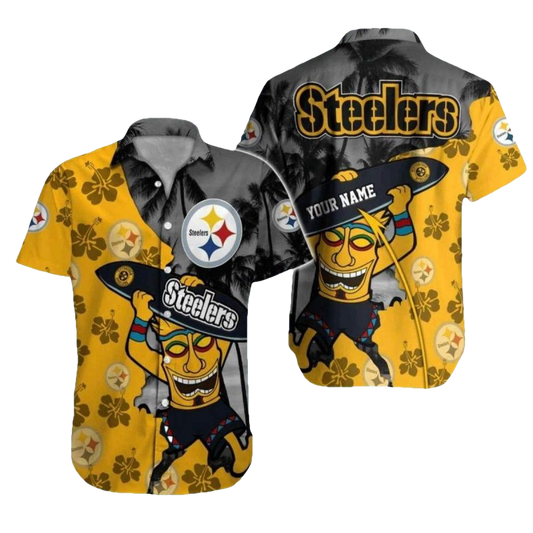 Personalized Pittsburgh Steelers Surf And Tiki Style Hawaiian Shirt - Moonbestprint