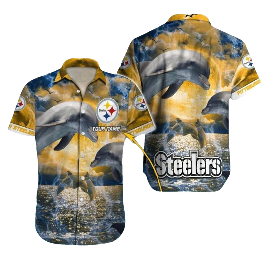 Personalized Pittsburgh Steelers Sunset Dolphins Ocean Waves Hawaiian Shirt - Moonbestprint