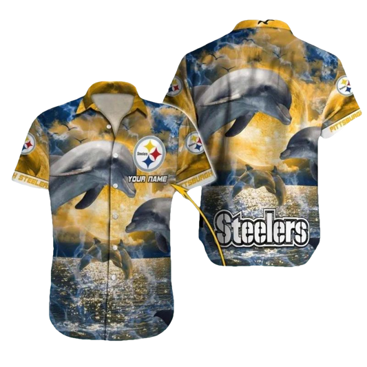 Personalized Pittsburgh Steelers Sunset Dolphins Ocean Waves Hawaiian Shirt - Moonbestprint