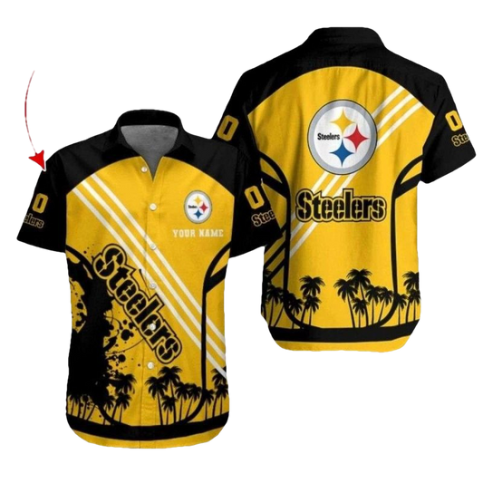 Personalized Pittsburgh Steelers Steel City Sunset Palms Yellow Hawaiian Shirt - Moonbestprint