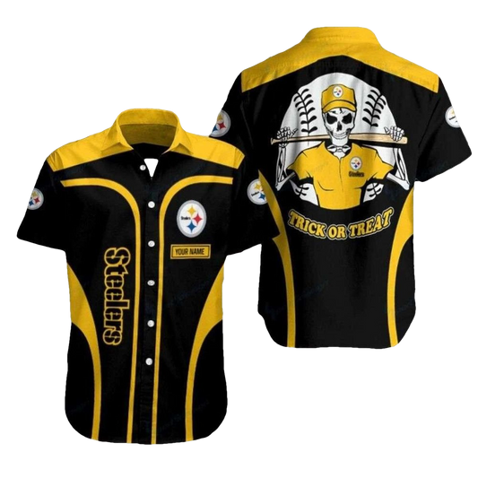 Personalized Pittsburgh Steelers Spooky Skeleton Quarterback Hawaiian Shirt - Moonbestprint