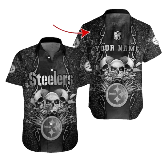 Personalized Pittsburgh Steelers Spirit Skulls And Armor Tropical Black Hawaiian Shirt - Moonbestprint
