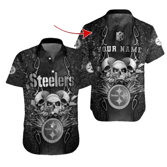 Personalized Pittsburgh Steelers Spirit Skulls And Armor Tropical Black Hawaiian Shirt - Moonbestprint