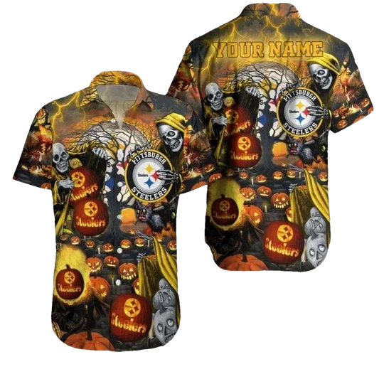 Personalized Pittsburgh Steelers Skeleton And Pumpkin Halloween Hawaiian Shirt - Moonbestprint