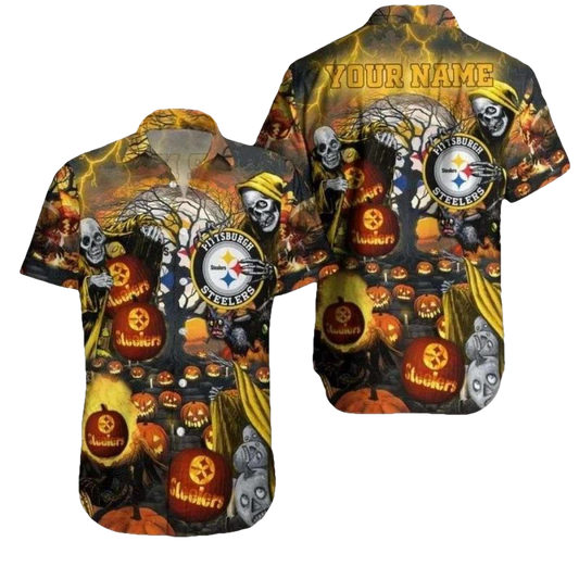 Personalized Pittsburgh Steelers Skeleton And Pumpkin Halloween Hawaiian Shirt - Moonbestprint