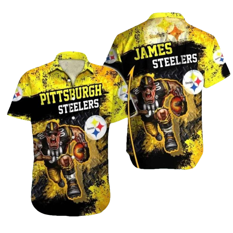 Personalized Pittsburgh Steelers Rugged Black And Gold Game Art Mascot Hawaiian Shirt - Moonbestprint