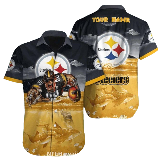 Personalized Pittsburgh Steelers Mascot With Ocean And Dolphins Theme Hawaiian Shirt - Moonbestprint