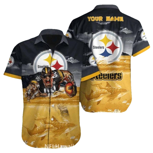 Personalized Pittsburgh Steelers Mascot With Ocean And Dolphins Theme Hawaiian Shirt - Moonbestprint