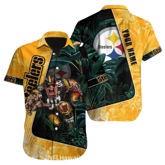Personalized Pittsburgh Steelers Logo With Fierce Football Player Hawaiian Shirt - Moonbestprint