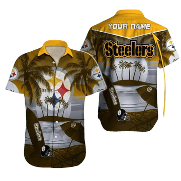 Personalized Pittsburgh Steelers Logo With Beach And Surfboard Hawaiian Shirt - Moonbestprint