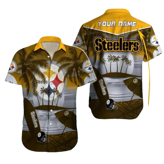 Personalized Pittsburgh Steelers Logo With Beach And Surfboard Hawaiian Shirt - Moonbestprint