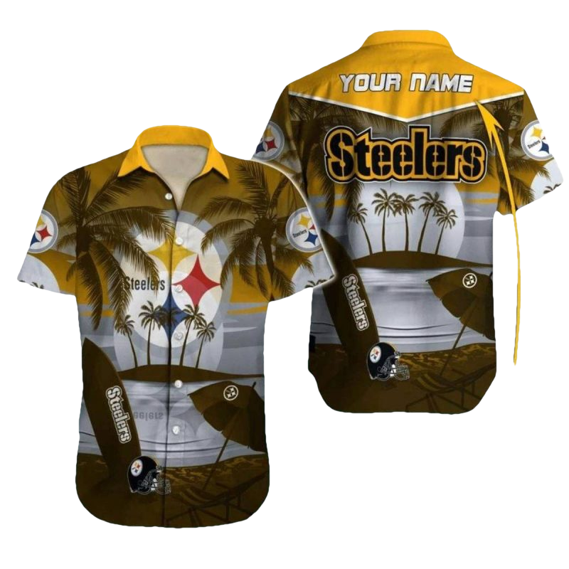 Personalized Pittsburgh Steelers Logo With Beach And Surfboard Hawaiian Shirt - Moonbestprint