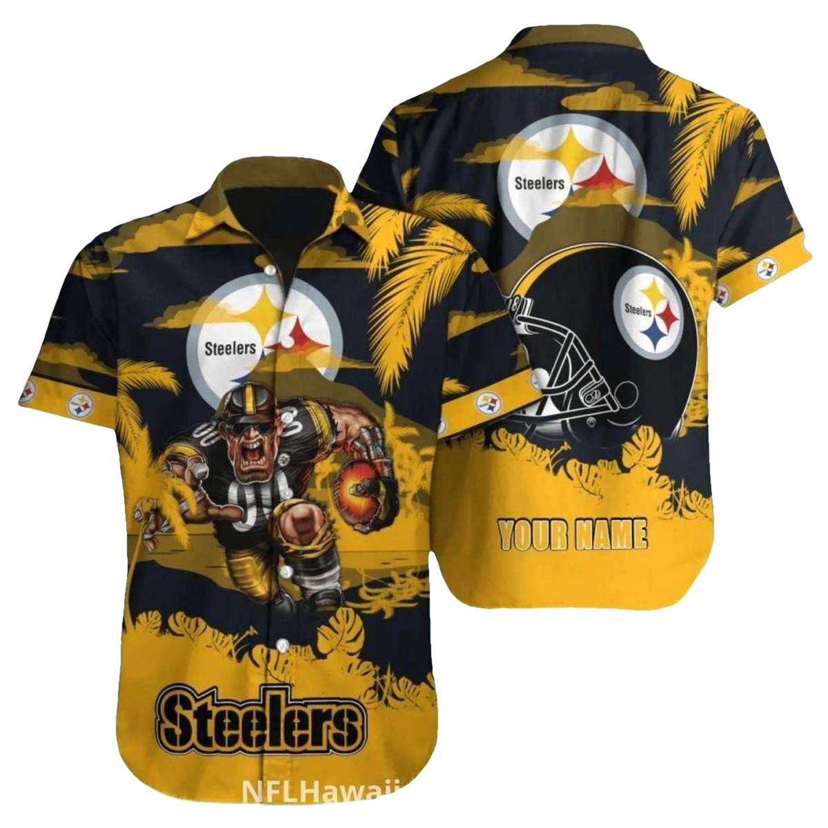 Personalized Pittsburgh Steelers Logo Helmet And Mascot Hawaiian Shirt - Moonbestprint