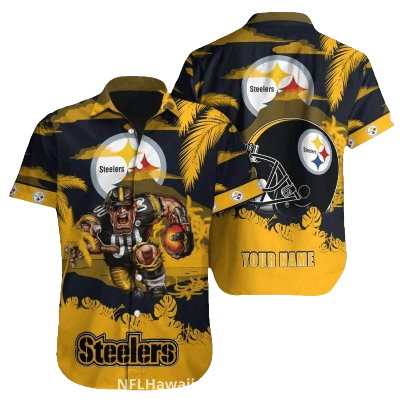Personalized Pittsburgh Steelers Logo Helmet And Mascot Hawaiian Shirt - Moonbestprint