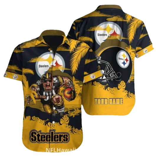 Personalized Pittsburgh Steelers Logo Helmet And Mascot Hawaiian Shirt - Moonbestprint