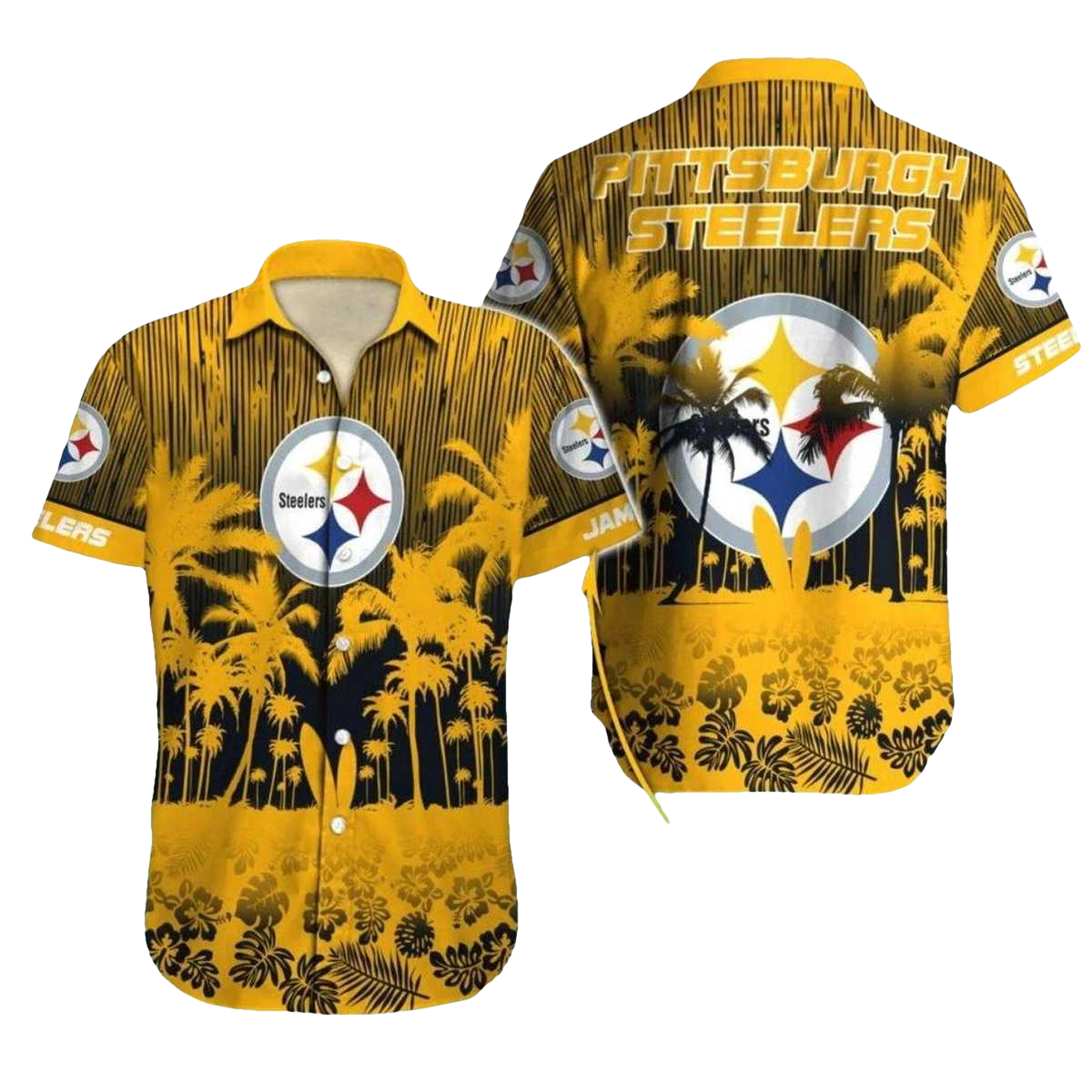 Personalized Pittsburgh Steelers Logo Palm Coconut Tree And Sunset Pattern Hawaiian Shirt - Moonbestprint