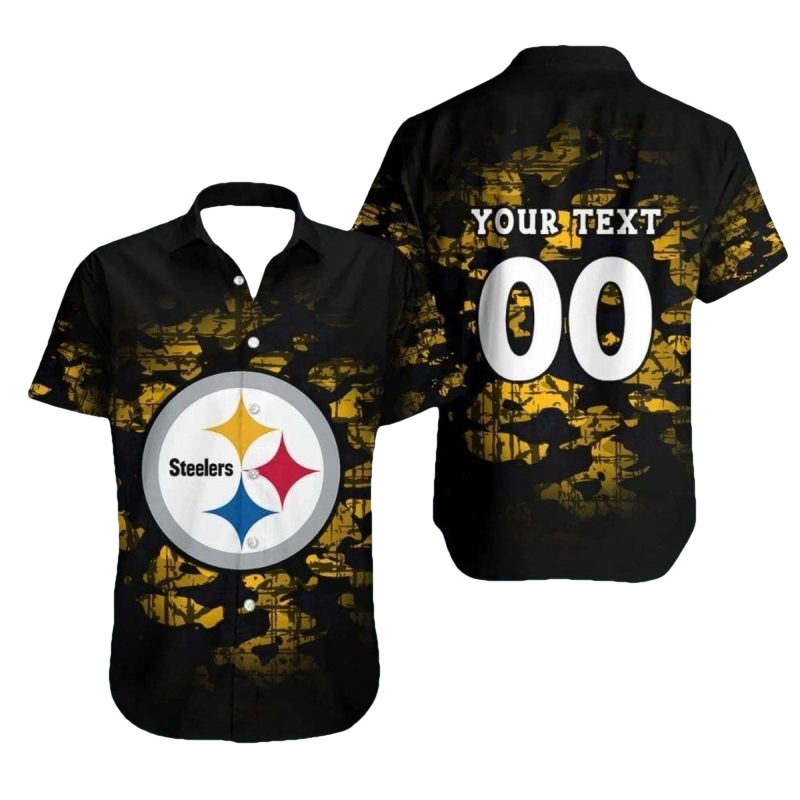 Personalized Pittsburgh Steelers Logo Camo Black Gold Hawaiian Shirt - Moonbestprint