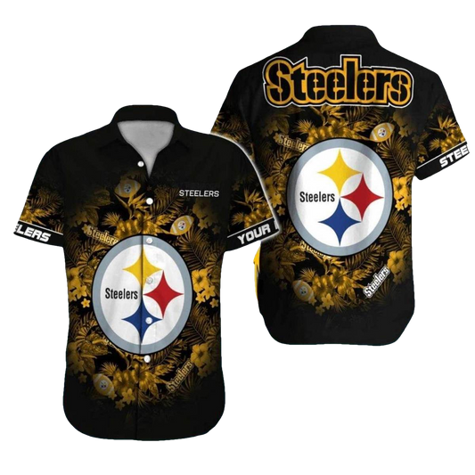 Personalized Pittsburgh Steelers Logo Floral Black Retro Pattern Hawaiian Shirt - Moonbestprint