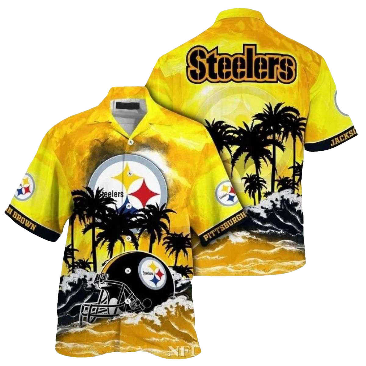 Personalized Pittsburgh Steelers Logo And Helmet Sunset Palms Beach Vibe Hawaiian Shirt - Moonbestprint