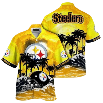Personalized Pittsburgh Steelers Logo And Helmet Sunset Palms Beach Vibe Hawaiian Shirt - Moonbestprint