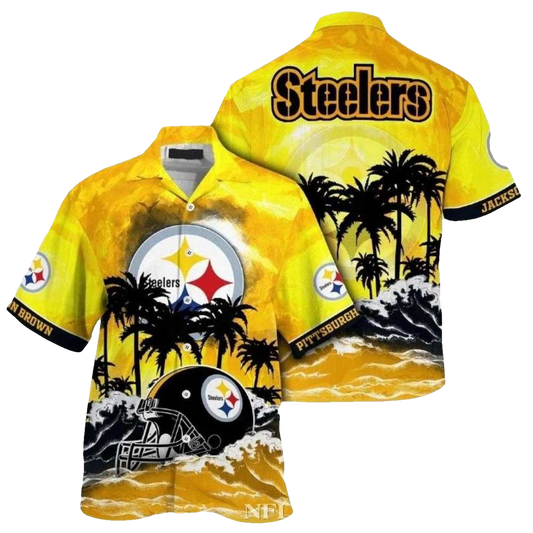 Personalized Pittsburgh Steelers Logo And Helmet Sunset Palms Beach Vibe Hawaiian Shirt - Moonbestprint