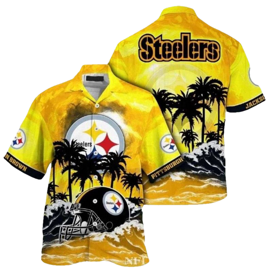 Personalized Pittsburgh Steelers Logo And Helmet Sunset Palms Beach Vibe Hawaiian Shirt - Moonbestprint