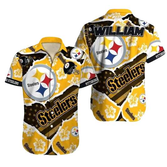 Personalized Pittsburgh Steelers Hibiscus And Football Helmet Mix Hawaiian Shirt - Moonbestprint