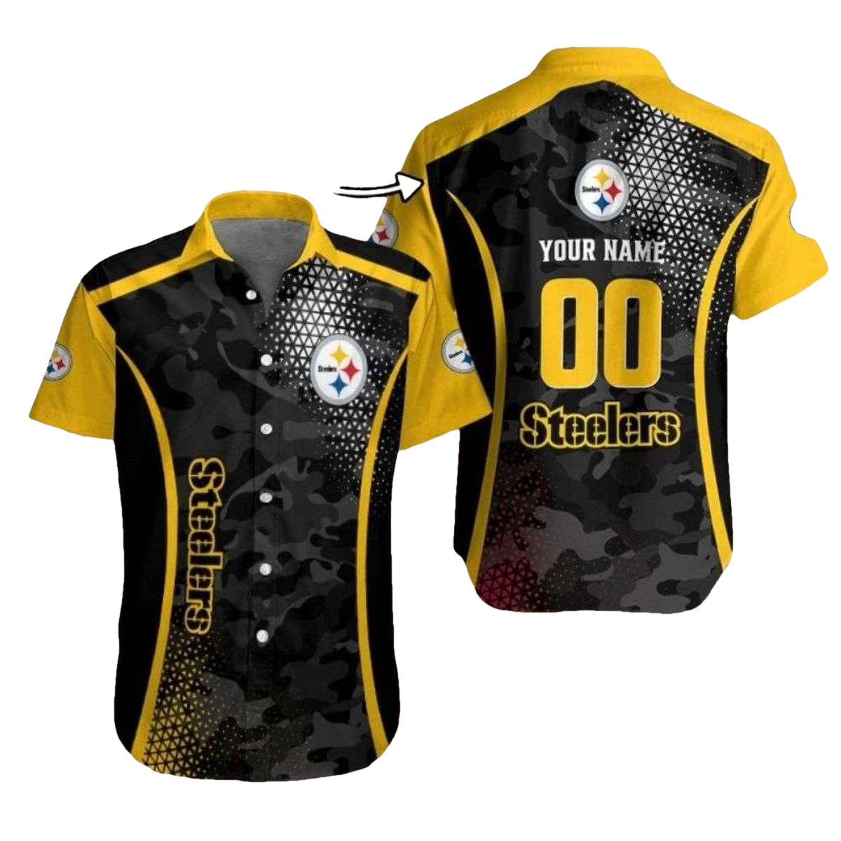 Personalized Pittsburgh Steelers Gridiron Camo Hawaiian Shirt - Moonbestprint