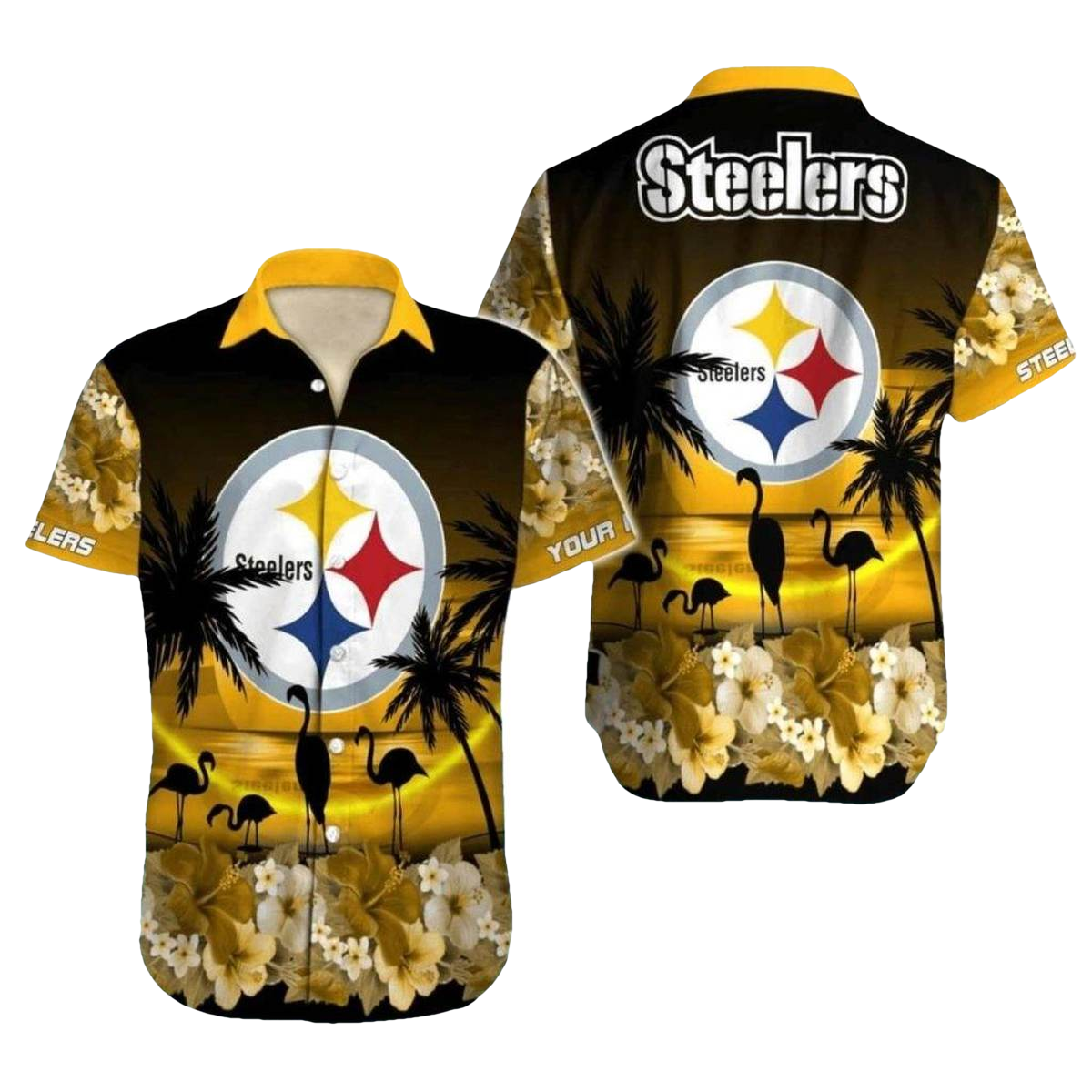 Personalized Pittsburgh Steelers Golden Sunset Flamingo Hawaiian Shirt - Moonbestprint