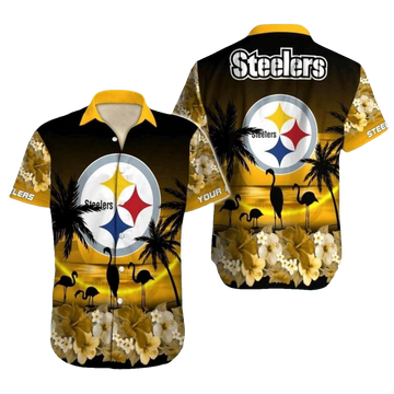 Personalized Pittsburgh Steelers Golden Sunset Flamingo Hawaiian Shirt - Moonbestprint