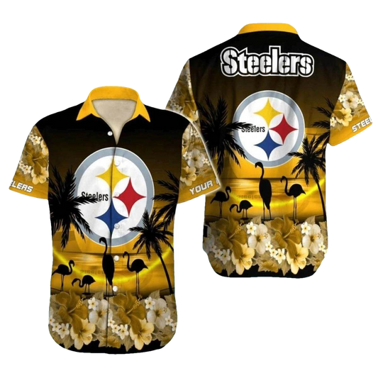 Personalized Pittsburgh Steelers Golden Sunset Flamingo Hawaiian Shirt - Moonbestprint
