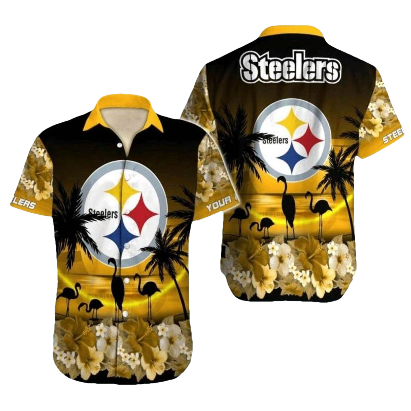 Personalized Pittsburgh Steelers Golden Sunset Flamingo Hawaiian Shirt - Moonbestprint