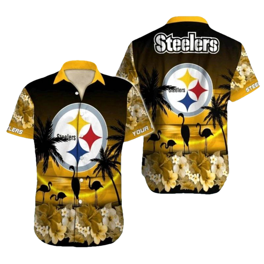 Personalized Pittsburgh Steelers Golden Sunset Flamingo Hawaiian Shirt - Moonbestprint