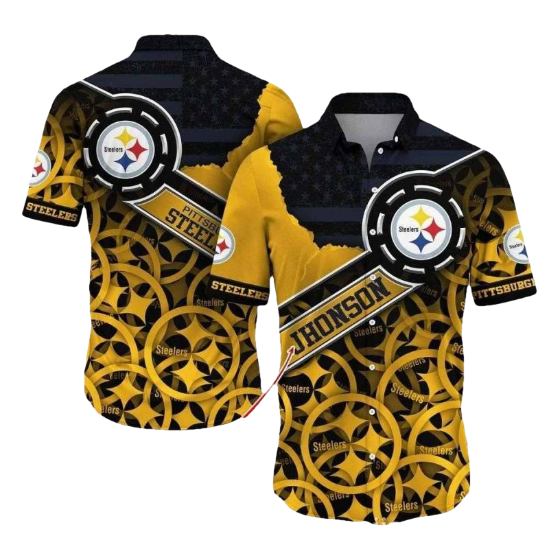 Personalized Pittsburgh Steelers Flaming Touchdown Multi Logo Black And Yellow Hawaiian Shirt - Moonbestprint