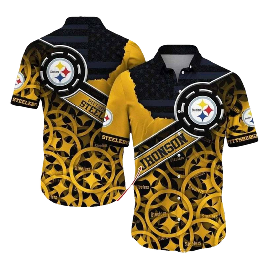 Personalized Pittsburgh Steelers Flaming Touchdown Multi Logo Black And Yellow Hawaiian Shirt - Moonbestprint